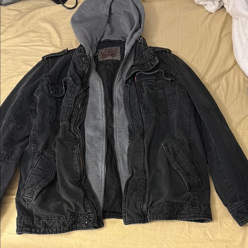 Men's Black Denim Jacket with Gray Hood